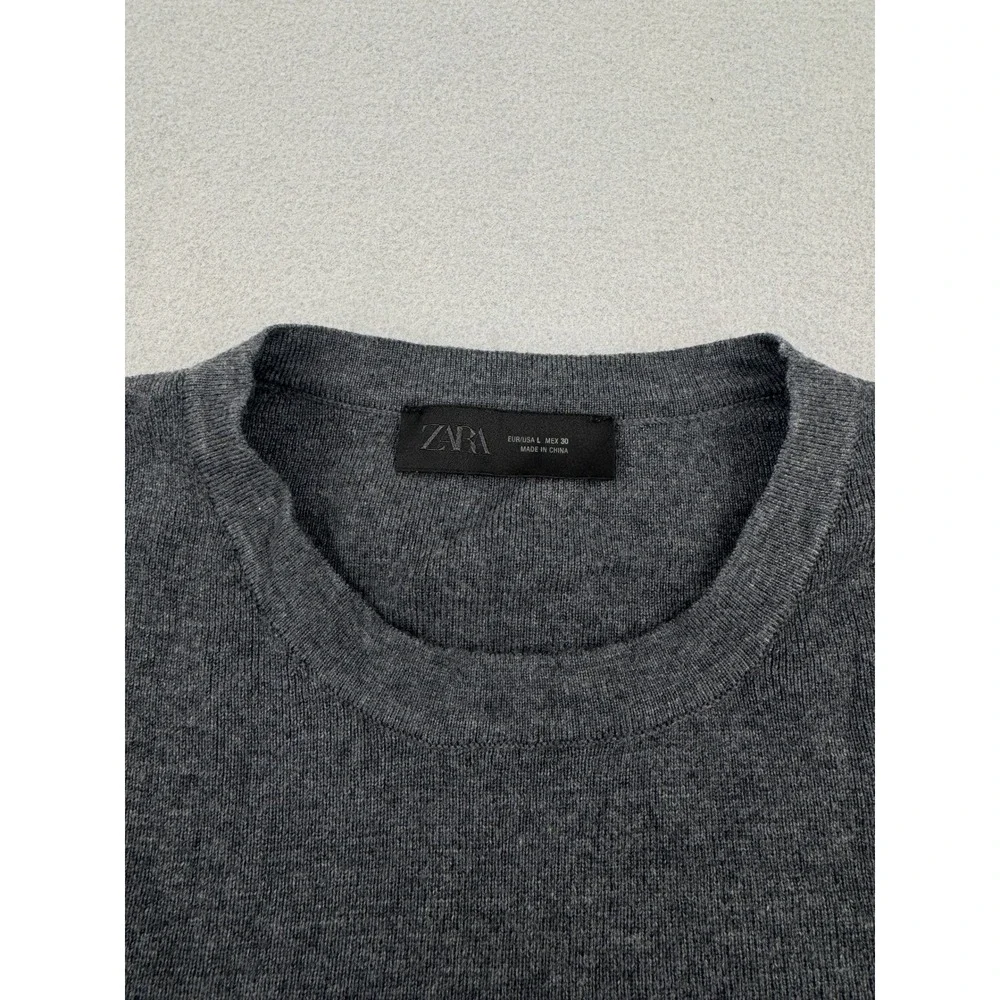 Zara Mens L Dark Gray Short Sleeve Wool Blend Knit Sweater Crew Neck Minimalist